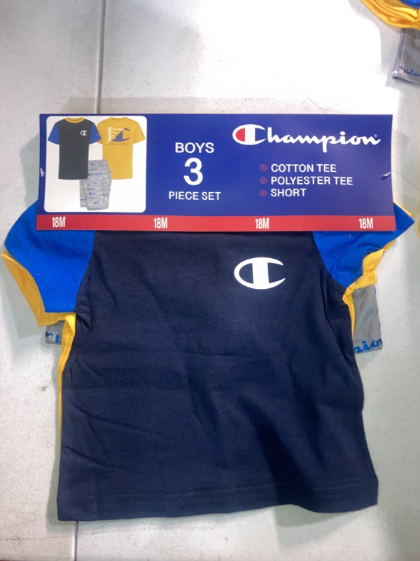 Photo 2 of Champion Little Boy S 3 Piece 2 Short Sleeve Tops & Shorts Active Set (Navy/Blue/Gold 18M)
