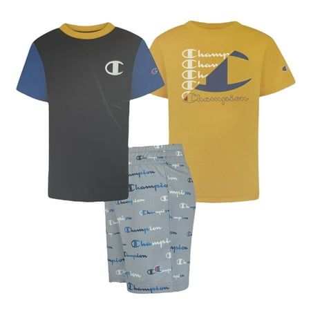 Photo 1 of Champion Little Boy S 3 Piece 2 Short Sleeve Tops & Shorts Active Set (Navy/Blue/Gold 18M)
