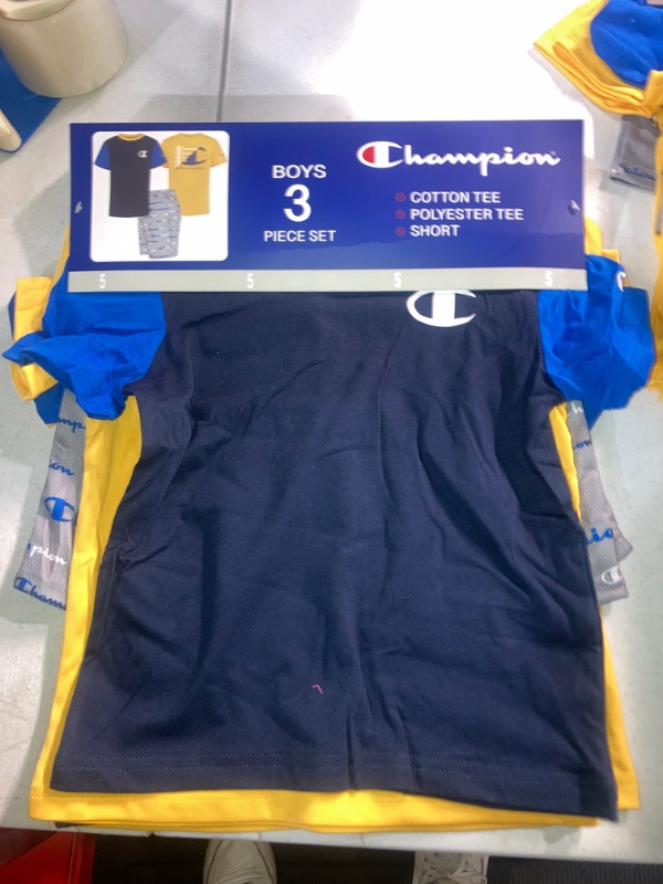 Photo 2 of Champion Little Boy S 3 Piece 2 Short Sleeve Tops & Shorts Active Set (Navy/Blue/Gold 5)