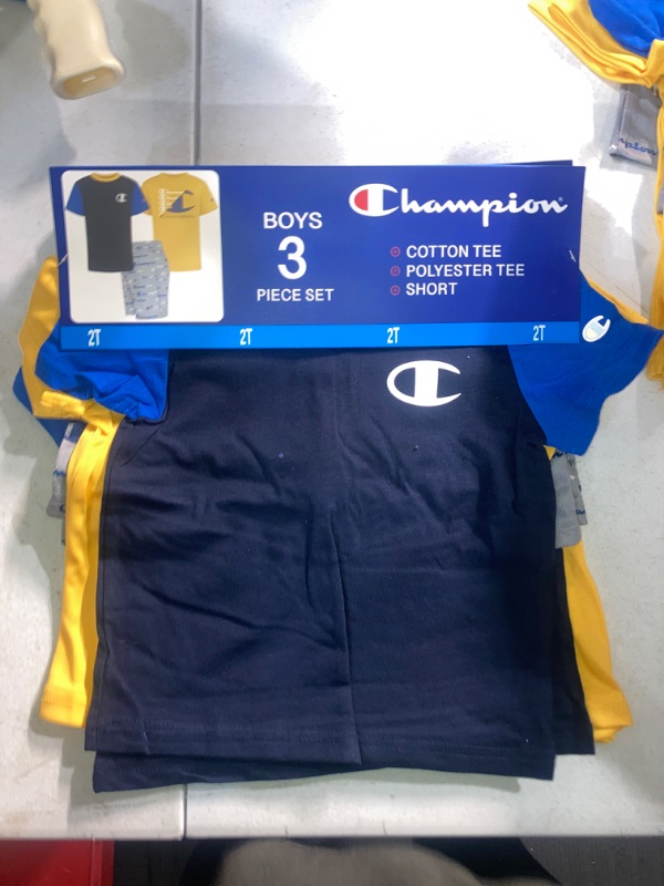 Photo 2 of Champion Little Boy S 3 Piece 2 Short Sleeve Tops & Shorts Active Set (Navy/Blue/Gold 2T)
