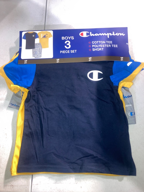 Photo 2 of Champion Little Boy S 3 Piece 2 Short Sleeve Tops & Shorts Active Set (Navy/Blue/Gold 3T)
