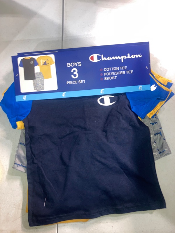 Photo 2 of Champion Little Boy S 3 Piece 2 Short Sleeve Tops & Shorts Active Set (Navy/Blue/Gold 4T)
