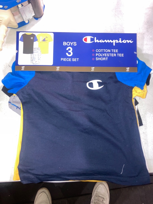 Photo 2 of Champion Little Boy S 3 Piece 2 Short Sleeve Tops & Shorts Active Set (Navy/Blue/Gold 3T)
