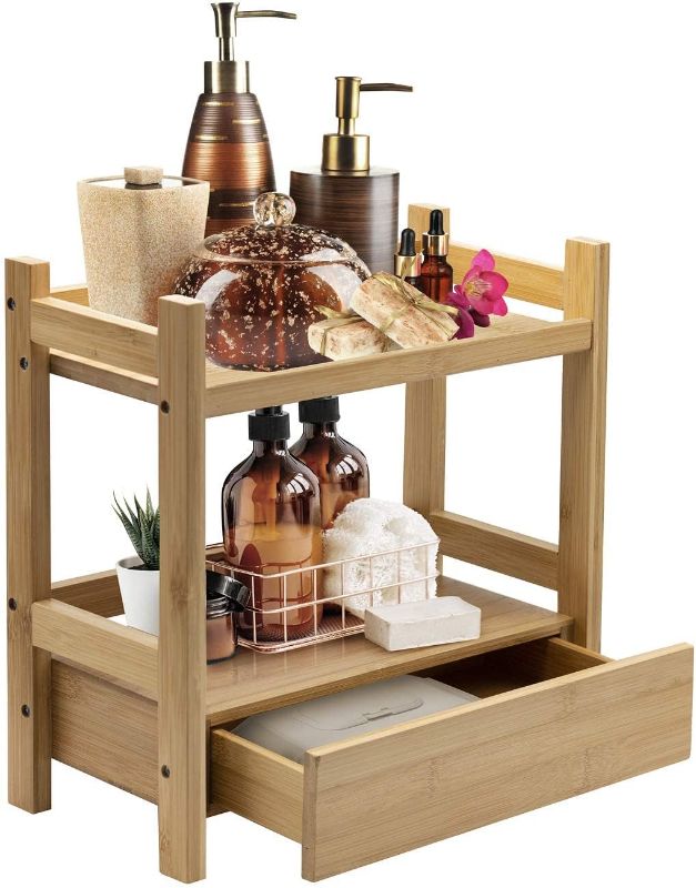 Photo 1 of Sorbus 2-Tier Bamboo Countertop Shelf with Hidden Drawer - Makeup Organizer - Multi-Purpose Storage for Skincare, Toiletries, Desktop - Display Stand Shelf for Bathroom Vanity Counter, Kitchen, Office