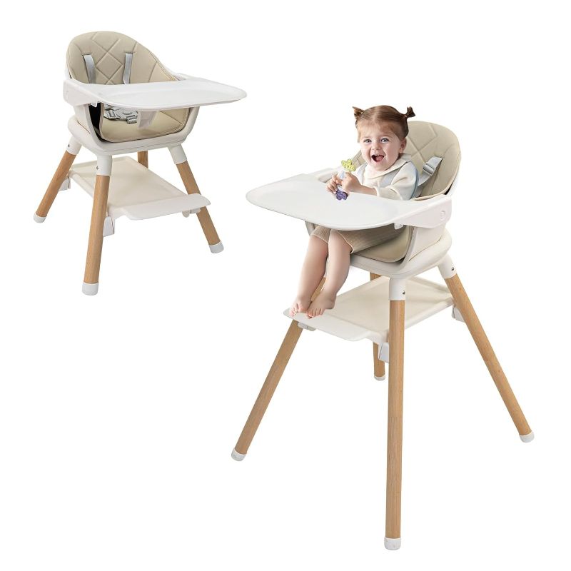 Photo 1 of 6-in-1 Wooden High Chair, High Chairs for Babies and Toddlers, Baby Highchairs with Adjustable Legs & Dishwasher Safe Tray,5-Point Harness, PU Cushion and Footrest for Baby, Girl, Toddlers