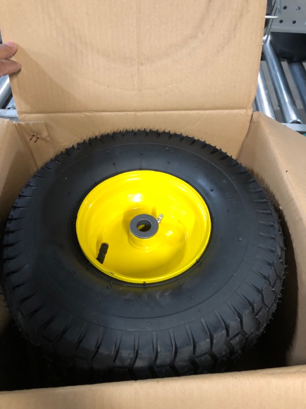 Photo 2 of (2 Pack) 15 x 6.00-6 Front Tire and Wheel Set - 4-Ply Replacement Tires with Wheels Assemblies for John Deere Riding Mower - for Lawn Tractors with 3" Centered Hub and 3/4" Bushings, Yellow