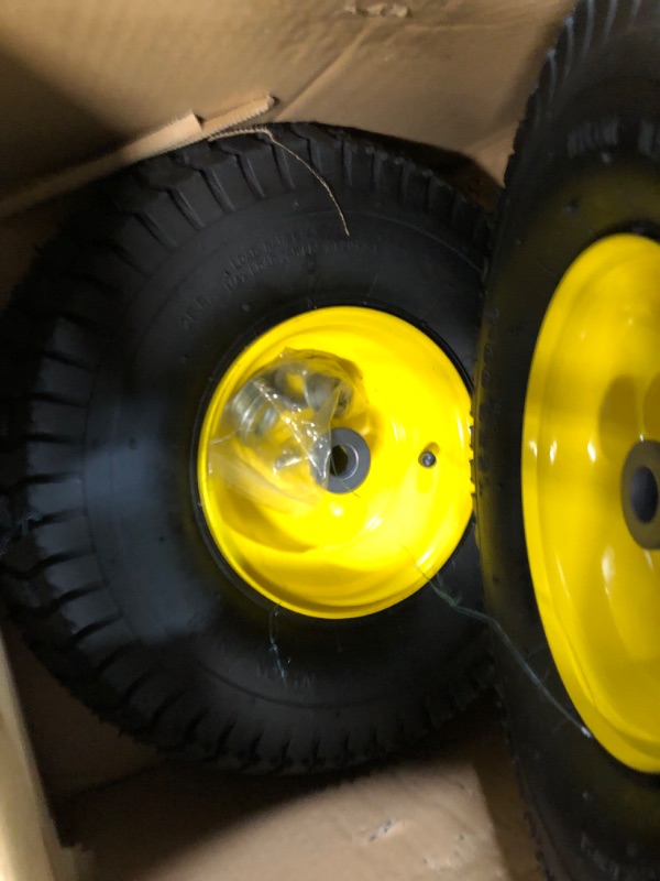 Photo 3 of (2 Pack) 15 x 6.00-6 Front Tire and Wheel Set - 4-Ply Replacement Tires with Wheels Assemblies for John Deere Riding Mower - for Lawn Tractors with 3" Centered Hub and 3/4" Bushings, Yellow