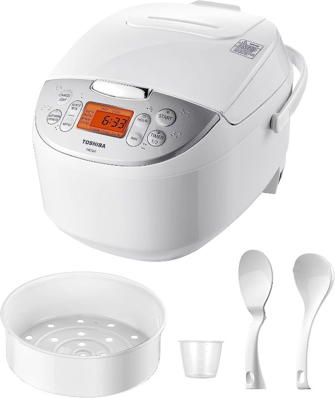 Photo 1 of **USED/DIRTY**
Toshiba Rice Cooker 6 Cup Uncooked – Japanese Rice Cooker with Fuzzy Logic Technology, 7 Cooking Functions, Digital Display, 2 Delay Timers and Auto Keep Warm, Non-Stick Inner Pot, White
