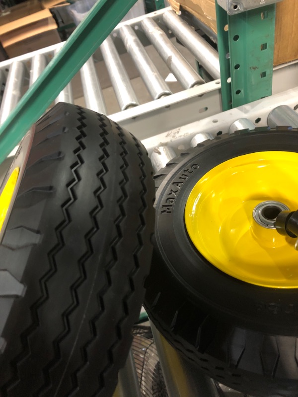 Photo 3 of MaxAuto 2 Pcs 4.10/3.50-6" Flat Free Tire, Hand Truck/All Purpose Utility Tire on Wheel, 3" Centered Hub, 3/4" Bearings, Yellow Steel