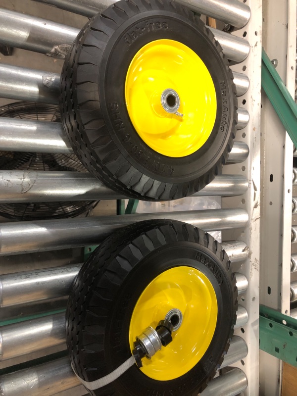 Photo 2 of MaxAuto 2 Pcs 4.10/3.50-6" Flat Free Tire, Hand Truck/All Purpose Utility Tire on Wheel, 3" Centered Hub, 3/4" Bearings, Yellow Steel