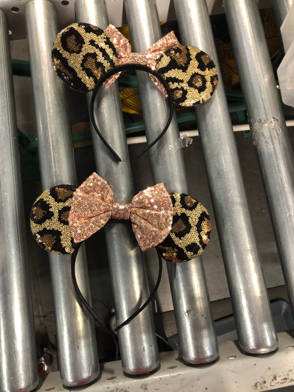 Photo 3 of Foeran Mouse Ears Headbands Shiny Bows Mouse Ears Glitter 2 pack (Leopard/Rose Gold)