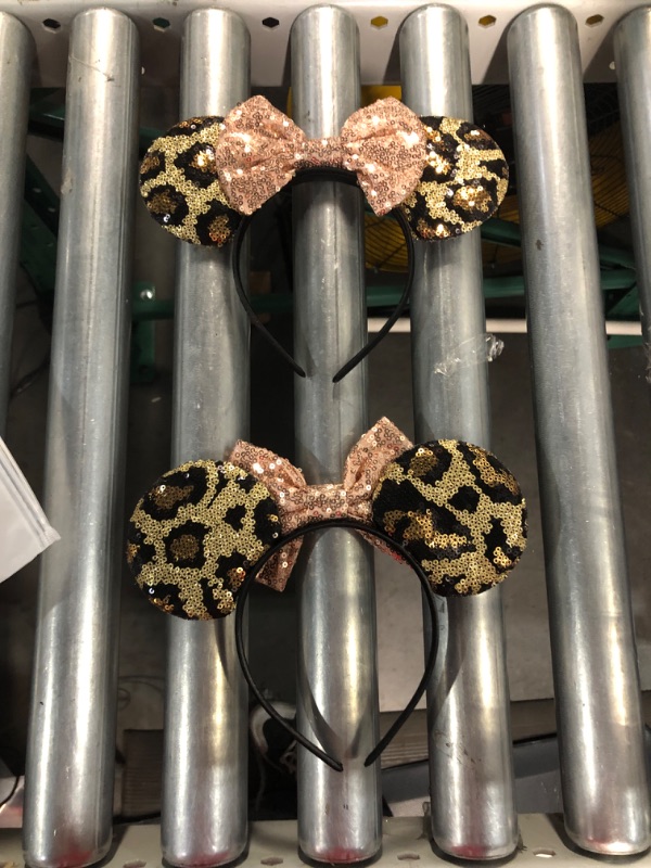 Photo 2 of Foeran Mouse Ears Headbands Shiny Bows Mouse Ears Glitter 2 pack (Leopard/Rose Gold)