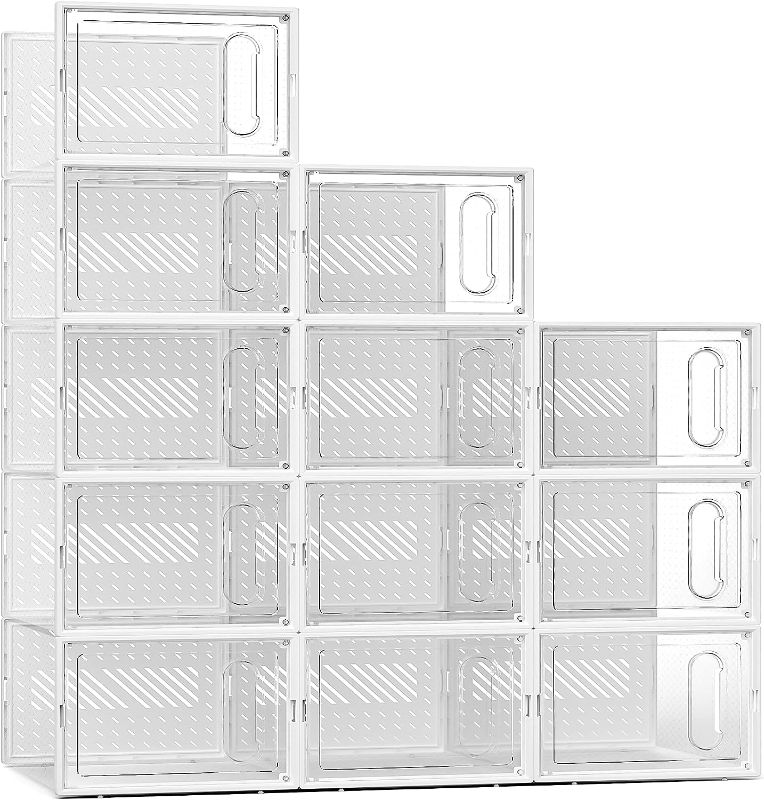 Photo 1 of **SEE NOTES**
eWonLife Large Shoe Organizer Storage Box with Magnetic Door,12 Pack Clear Plastic Stackable Sneaker Containers for Closet, Connect Left and Right Shoe Box for Entryway, Drop Front, Under Bed, Pearl White
