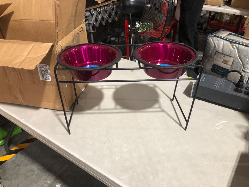 Photo 3 of **USED/SLIGHTLY DIRTY**
Platinum Pets Modern Double Diner Feeder with Stainless Steel Dog Bowls, Large, Raspberry Pop Large Raspberry Pop