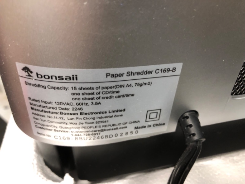 Photo 3 of **SEE NOTES**
Bonsaii 15-Sheet Office Paper Shredder, 40 Mins Heavy Duty Shredder for Home Office, Crosscut Shreder with Anti-Jam System & P-4 High Security Supports CD/Credit Cards/Staple,5 Gal Pullout Bin C169-B 1 5 Sheet-40 mins