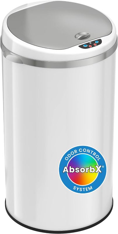 Photo 1 of **UNABLE TO TEST**
iTouchless 8 Gallon Touchless Sensor Trash Can with Odor Filter System, 30 Liter Round White Steel Garbage Bin, Perfect for Home, Kitchen, Office
