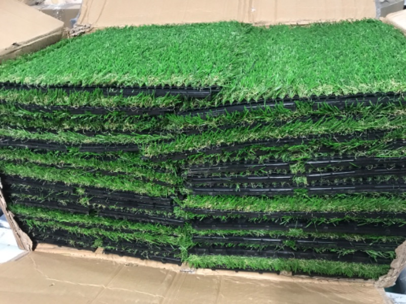 Photo 3 of Windyun 32 Pack Artificial Grass Turf Interlocking Deck Tiles 12" x 12" Thick Synthetic Square Fake Grass Interlocking Turf Self Draining Grass Tiles 