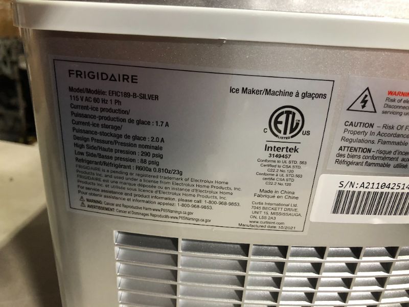 Photo 5 of ***UNTESTED - SEE NOTES***
FRIGIDAIRE EFIC189-Silver Compact Ice Maker, 26 lb per Day, Silver