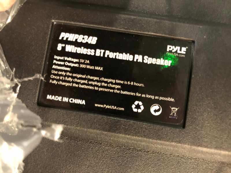 Photo 3 of * no power cord * no microphone * powers on *
Pyle Portable Bluetooth PA Speaker System-300W Rechargeable Indoor/Outdoor Bluetooth Speaker Portable System 