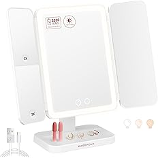 Photo 1 of  Lighted Makeup Mirror, Rechargeable Vanity Mirror with Lights 2X/3X Magnification, Touch Control, Trifold Travel Mirror, Portable LED Cosmetic Mirror for Tabletop, Bedroom, Women Gift, White