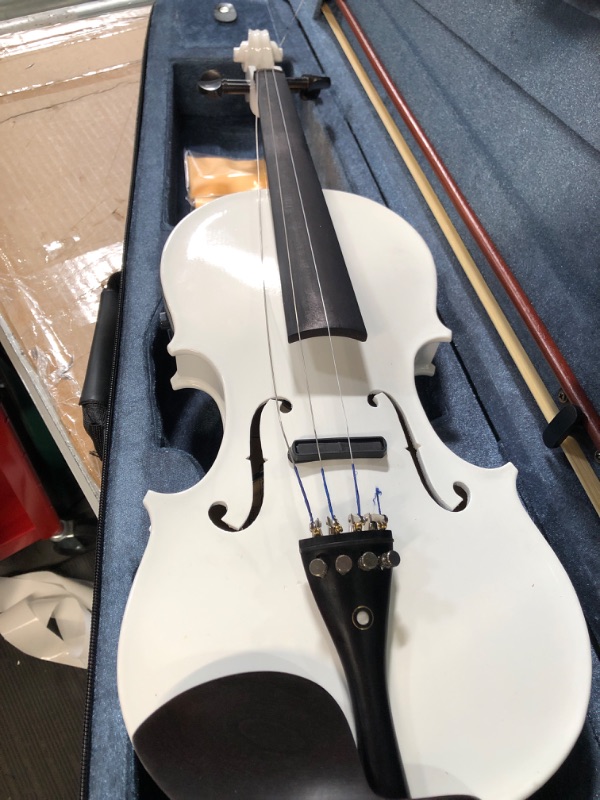 Photo 1 of  Acoustic Electric Violin, 4/4 Violin with EQ preamp and Ebony Accessories, Full-size Violin with AUX Cable, Shoulder Rest, Tuner, Rosin, Extra String and Cleaning Cloth (White)