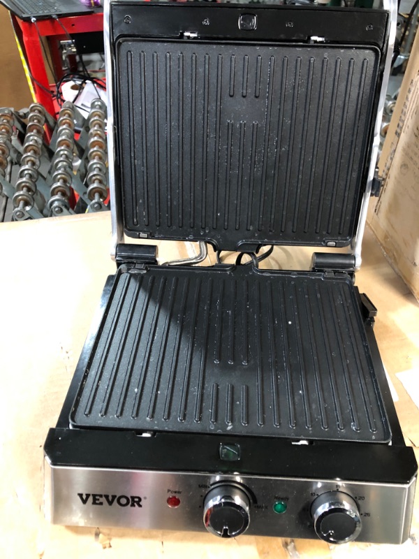 Photo 1 of * USED * 
VEVOR Electric Contact Grills, 1500W Indoor Countertop Panini Press Griddle, Sandwich Maker with Non Stick,2 Reversible Iron Cooking Plates,0-446? Adjustable Temperature Control,Timer Function,120V