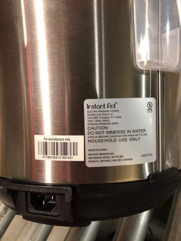 Photo 4 of * no power cord * minor damage *
Instant Pot Duo Plus 9-in-1 Electric Pressure Cooker, Slow Cooker, Rice Cooker, Steamer, Sauté