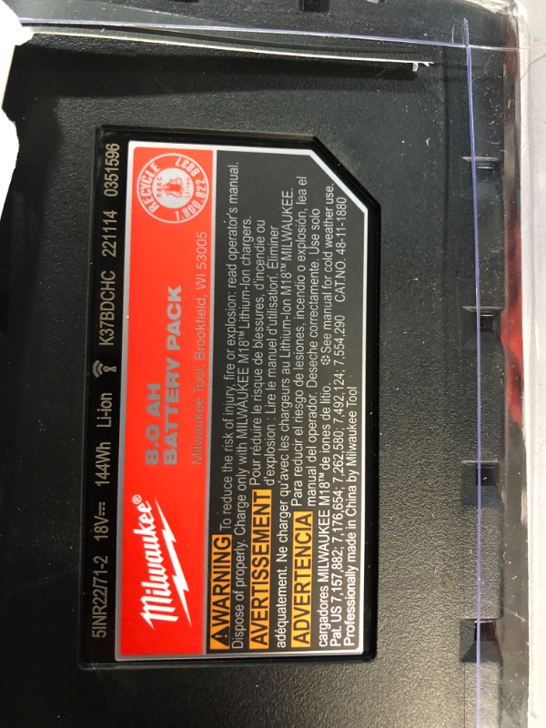 Photo 6 of Milwaukee 48-59-1880 M18 REDLITHIUM HIGH OUTPUT XC 8 Ah Lithium-Ion Battery and M18 /M12 Charger Kit