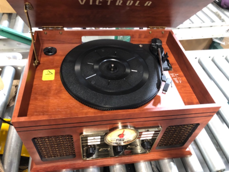 Photo 2 of Victrola Nostalgic 6-in-1 Bluetooth Record Player & Multimedia Center with Built-in Speakers - 3-Speed Turntable, CD & Cassette Player, FM Radio | Wireless Music Streaming | Mahogany Mahogany Entertainment Center