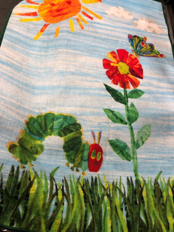 Photo 2 of **USED (DIRTY)**
Eric Carle "The Very Hungry Caterpillar Elementary Sun Scene Kids Machine Washable Area Rug, Blue/Green, 35"x51" Sun Scene 