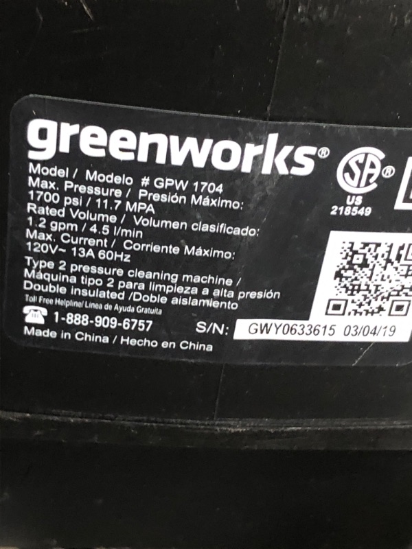 Photo 4 of **HAS BEEN USED- UNABLE TO TEST*
Greenworks 1700 PSI 1.2-GPM Cold Water Electric
