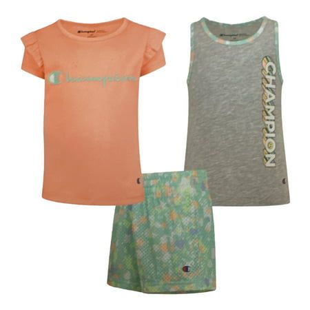 Photo 1 of Champion Girl S 3 Piece Polyester Tee Cotton Tank & Short Set (Macaron Coral/Oxford Heather/Aruba Blue 5)