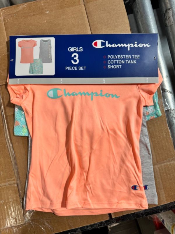 Photo 1 of Champion Girl S 3 Piece Polyester Tee Cotton Tank & Short Set (Macaron Coral/Oxford Heather/Aruba Blue 5)