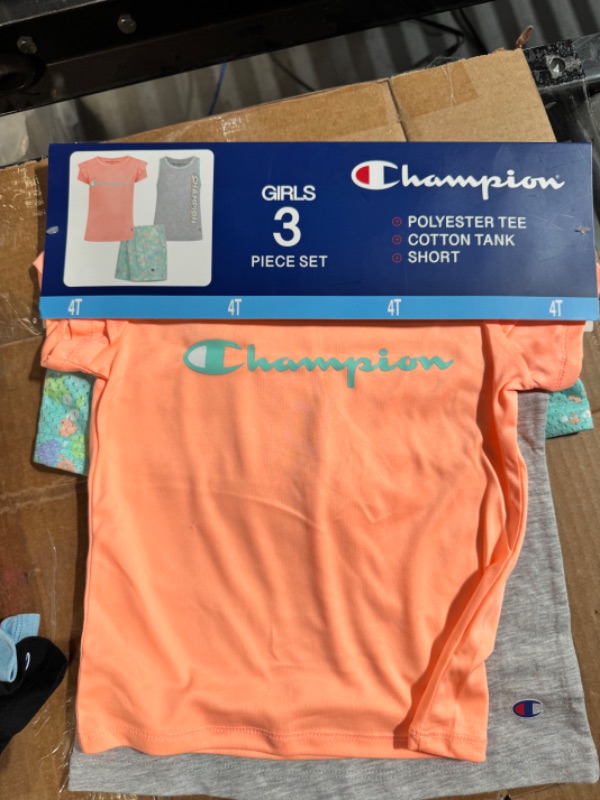 Photo 1 of Champion Girl S 3 Piece Polyester Tee Cotton Tank & Short Set (Macaron Coral/Oxford Heather/Aruba Blue 4T)