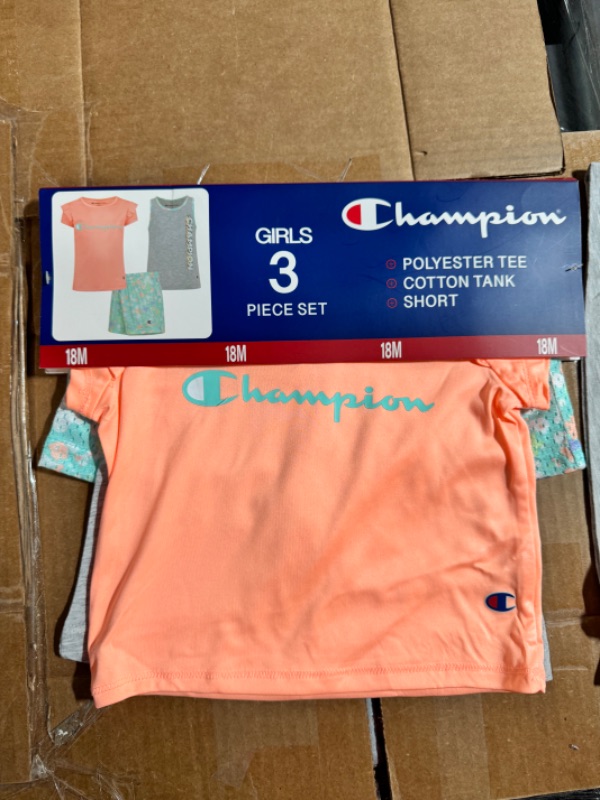 Photo 1 of Champion Girl S 3 Piece Polyester Tee Cotton Tank & Short Set (Macaron Coral/Oxford Heather/Aruba Blue 18M)