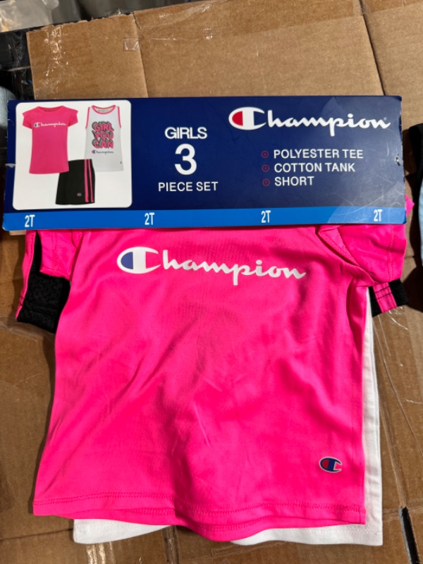 Photo 2 of SMALL (USED) Champion Girl S 3 Piece Polyester Tee Cotton Tank & Short Set (Knockout Pink/White/Black 2T)