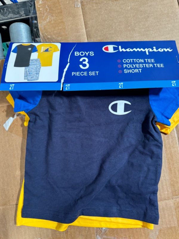 Photo 2 of Champion Little Boy S 3 Piece 2 Short Sleeve Tops & Shorts Active Set (Navy/Blue/Gold 2T)