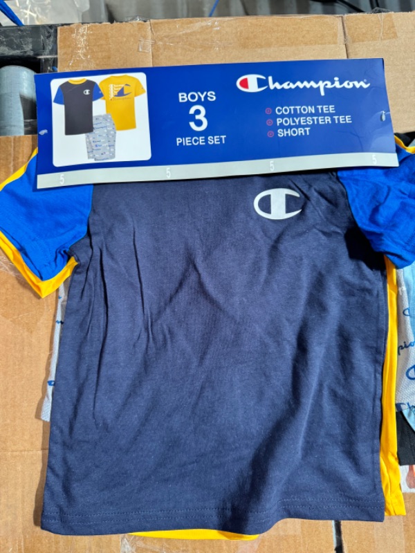 Photo 2 of Champion Little Boy S 3 Piece 2 Short Sleeve Tops & Shorts Active Set (Navy/Blue/Gold 5)