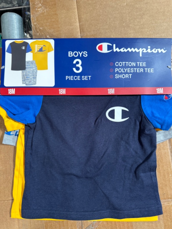 Photo 2 of Champion Little Boy S 3 Piece 2 Short Sleeve Tops & Shorts Active Set (Navy/Blue/Gold 18M)