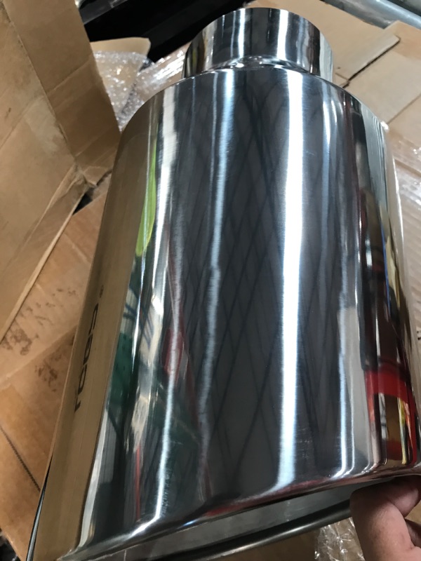 Photo 4 of **NEW, OPENED FOR INSPECTION**
Exhaust Tip 5" Inlet 8" Outlet 15" Long Rolled End Angle Cut Bolt On Polished Exhaust Tail Pipe Polished 5“x8"x15"