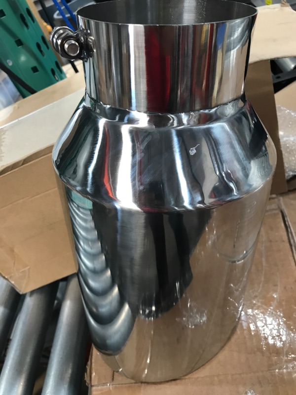 Photo 2 of **NEW, OPENED FOR INSPECTION**
Exhaust Tip 5" Inlet 8" Outlet 15" Long Rolled End Angle Cut Bolt On Polished Exhaust Tail Pipe Polished 5“x8"x15"