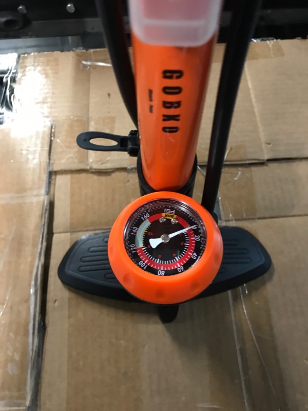 Photo 1 of **NEW, OPENED FOR INSPECTION**
GOBKO Bike Floor Pump with Gauge, Orange