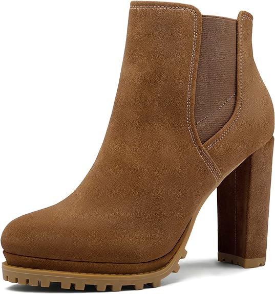 Photo 1 of mysoft Women's Platform Chunky Block Heel Booties High Heel Lug Sole Chelsea Ankle Boots with Side Zippers 10- DARK BROWN