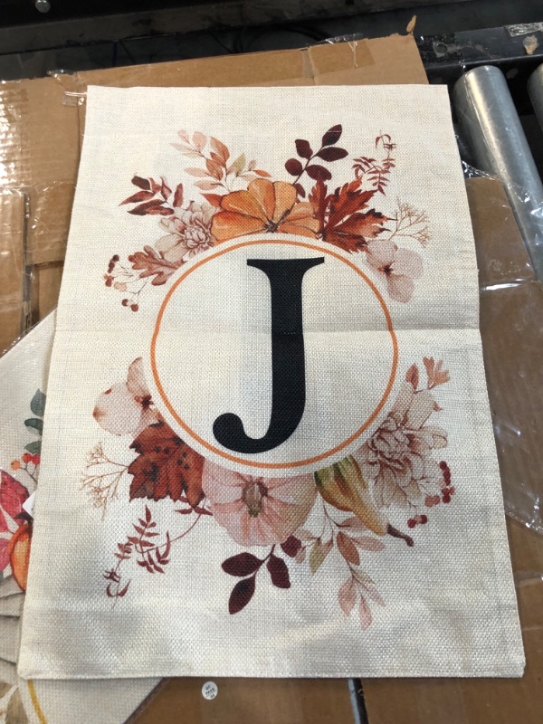 Photo 2 of **NEW, OPENED FOR INSPECTION**
Allorry Beauty Monogram Letter J Fall Garden Flag 12X18 Small - PACK OF 2 