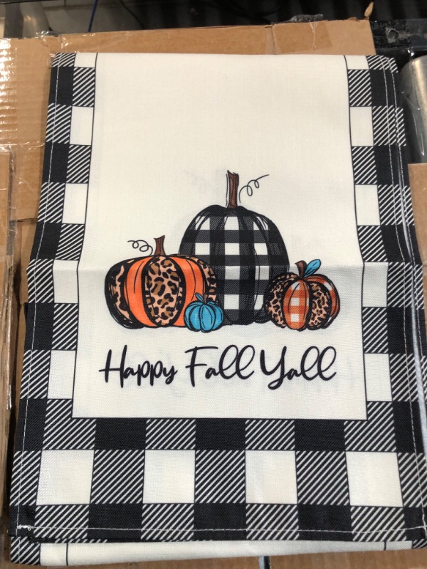 Photo 2 of **NEW, OPENED FOR INSPECTION**
WHOMEAF Happy Fall Y'all Burlap Table Runner Buffalo Check Plaid Pumpkin Farmhouse(13x90in) Black White Plaid