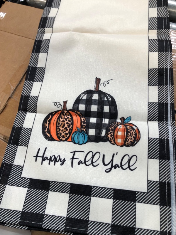 Photo 4 of **NEW, OPENED FOR INSPECTION**
WHOMEAF Happy Fall Y'all Burlap Table Runner Buffalo Check Plaid Pumpkin Farmhouse(13x90in) Black White Plaid