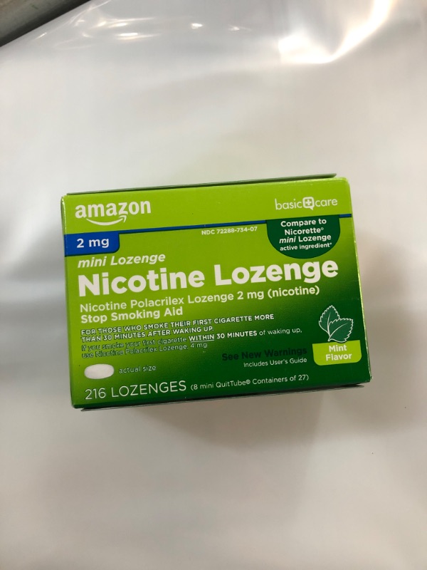 Photo 1 of Amazon Basic Care Nicotine Polacrilex Mini Lozenge, 2 mg (Nicotine), Stop Smoking Aid, Mint Flavor, 216 Count 2mg Mint 216 Count (Pack of 1)