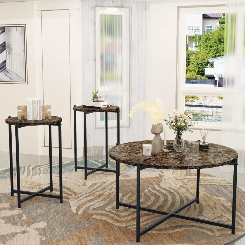 Photo 1 of JOSMORE Coffee Table Set of 3, Living Room 3-Piece Table Sets, Modern Round Coffee Table & 2pcs End Table, Faux Marble Table Set with Gold Metal Frame, Side Table for Small Space