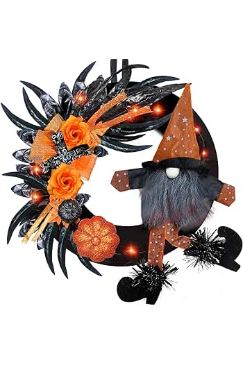 Photo 1 of 16 by 22 Inch Prelit Halloween Witch Gnome Wreath Decor, Orange Lights 20 LED Glitter Pumpkins Rose 