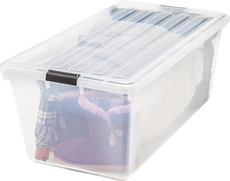 Photo 1 of ***ONE OF THE BINS IS CRACKED - SEE PICTURES***
IRIS USA 91 Qt. Plastic Storage Container Bin with Secure Lid and Latching Buckles 2 Pack